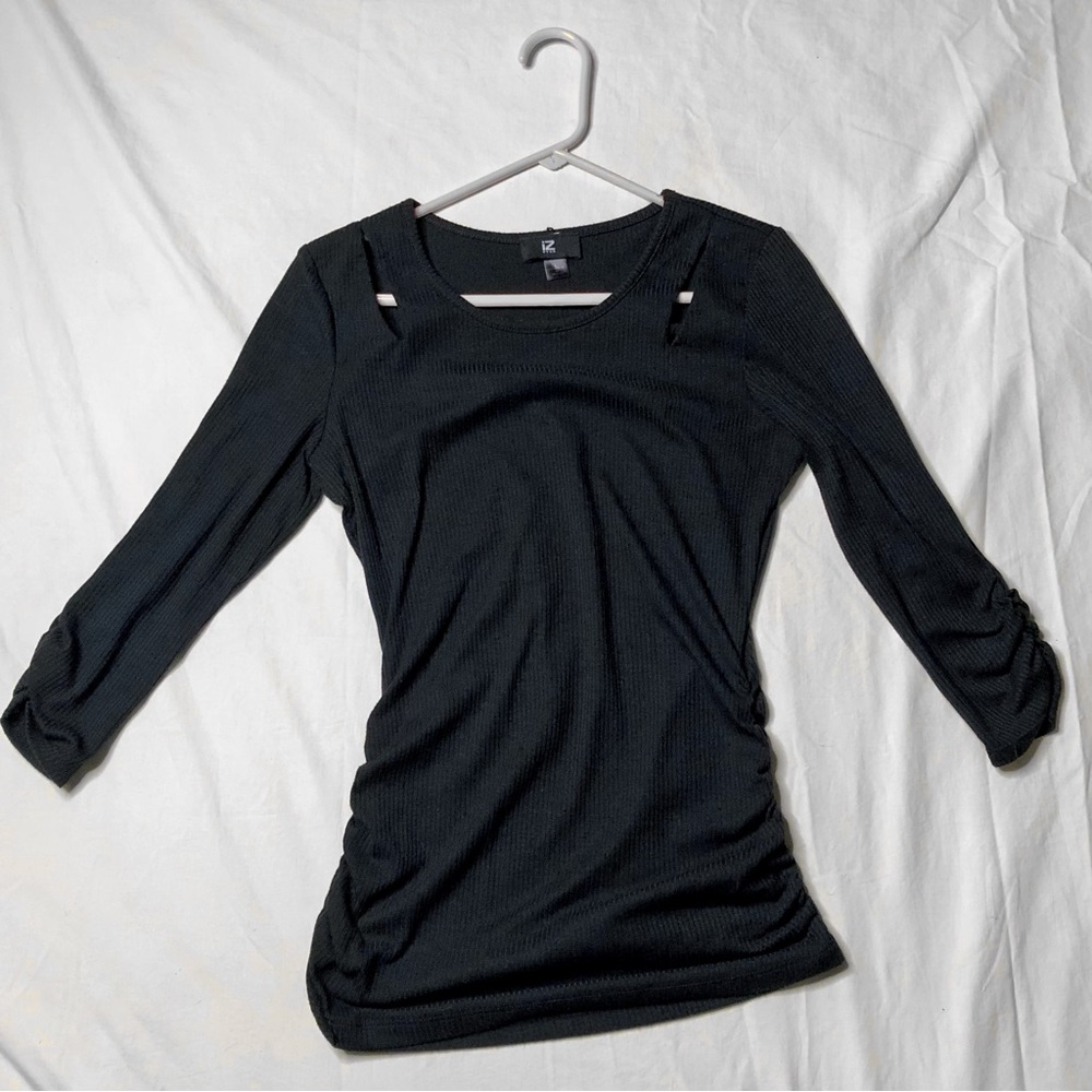 iZ Byer black blouse with shoulder cut outs 3/4 sleeves and ruched sides
